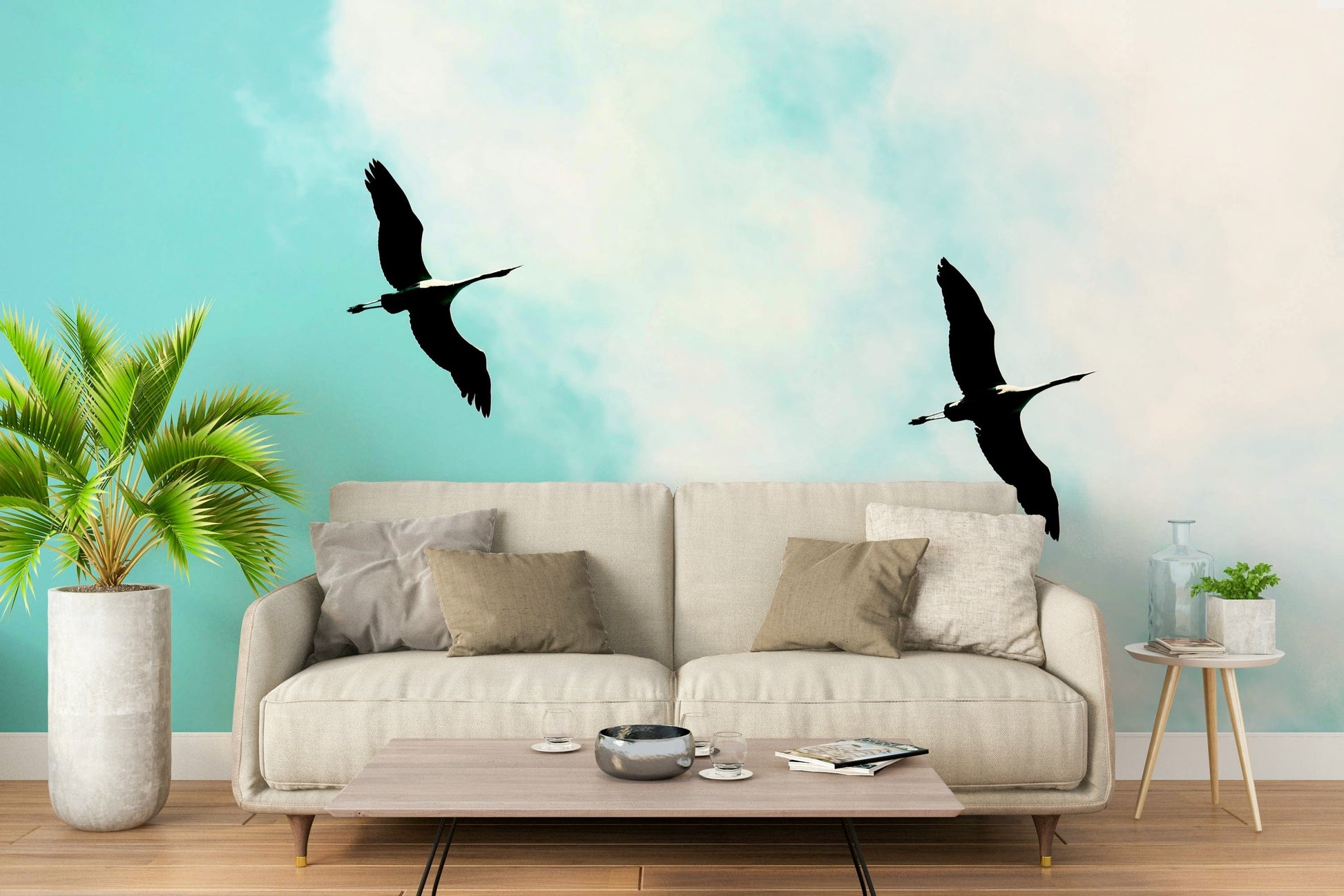 A graceful subtle bird wall mural in cool, natural tones.


