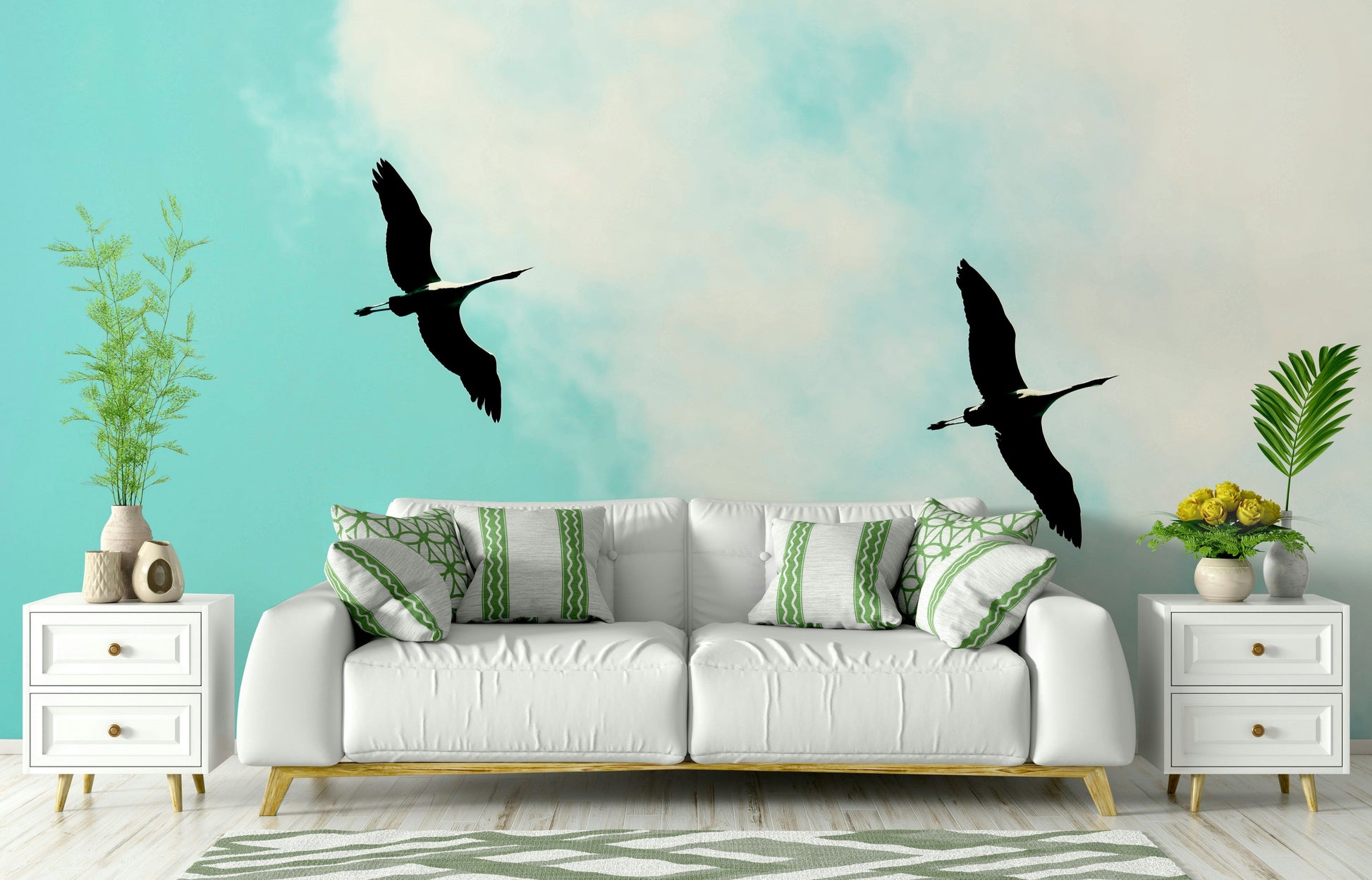 An artistic elegant crane mural on minimalist wallpaper.

