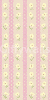 Soft Bloom Stripes wallpaper close-up showing yellow daisies on pink and cream vertical stripes