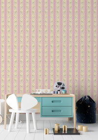 Soft Bloom Stripes wallpaper mural in a kids room behind a teal desk and mouse-ear chair, pink and cream stripes