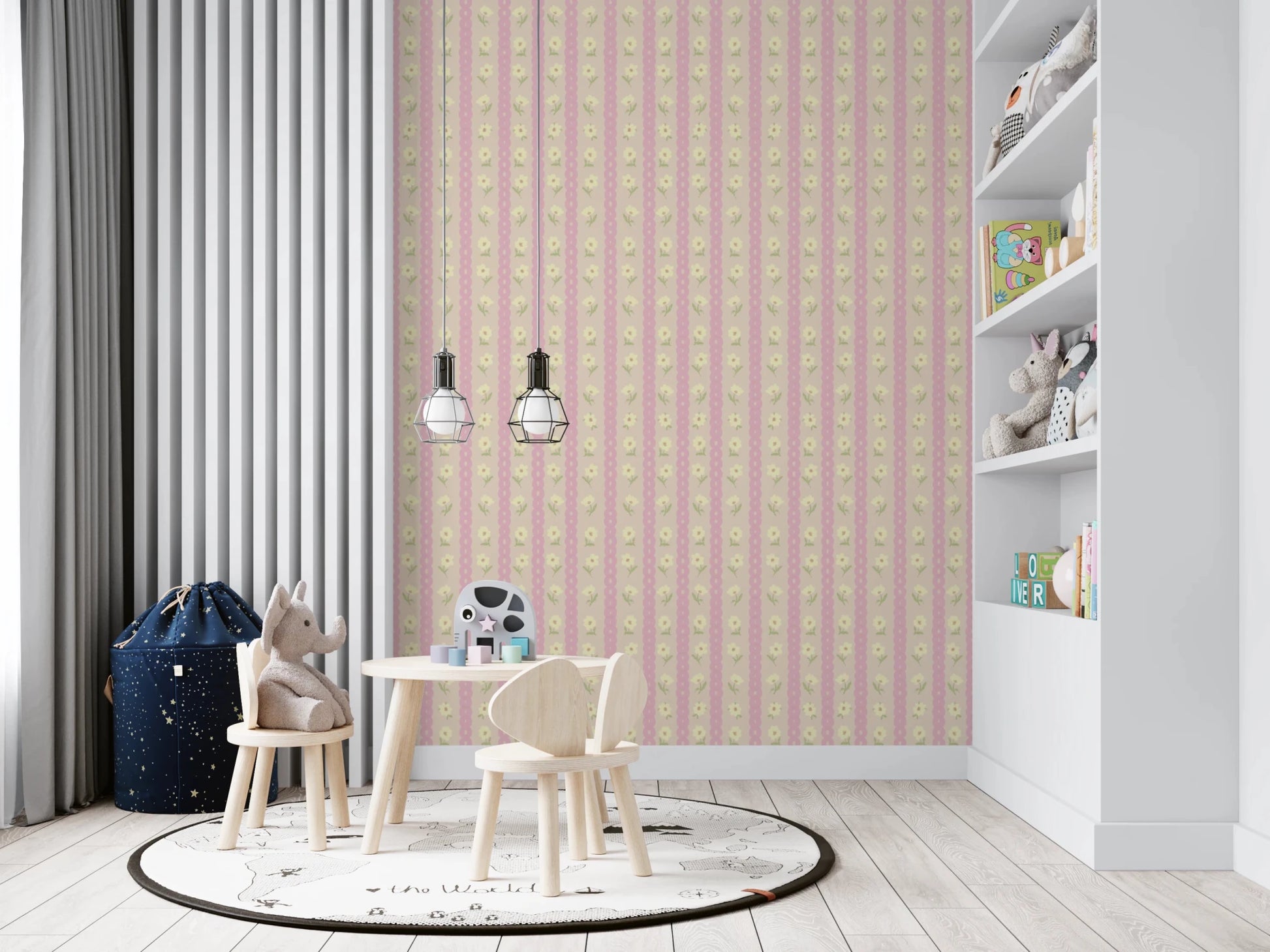 Soft Bloom Stripes wallpaper mural in a kids playroom with wood table and rhino plush, pink and yellow florals