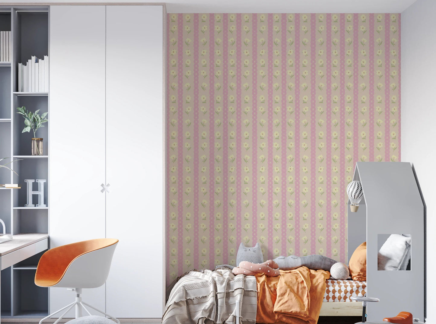 Soft Bloom Stripes wallpaper mural in a kids bedroom with white wardrobe and orange chair, pink floral stripes