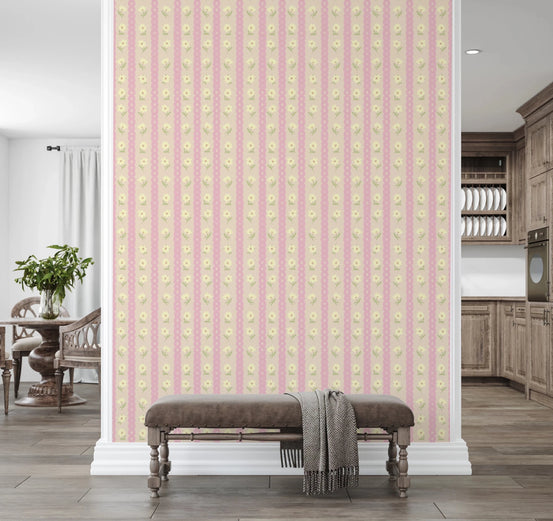 Soft Bloom Stripes wallpaper mural on an entryway divider wall behind a brown velvet bench in pink and cream