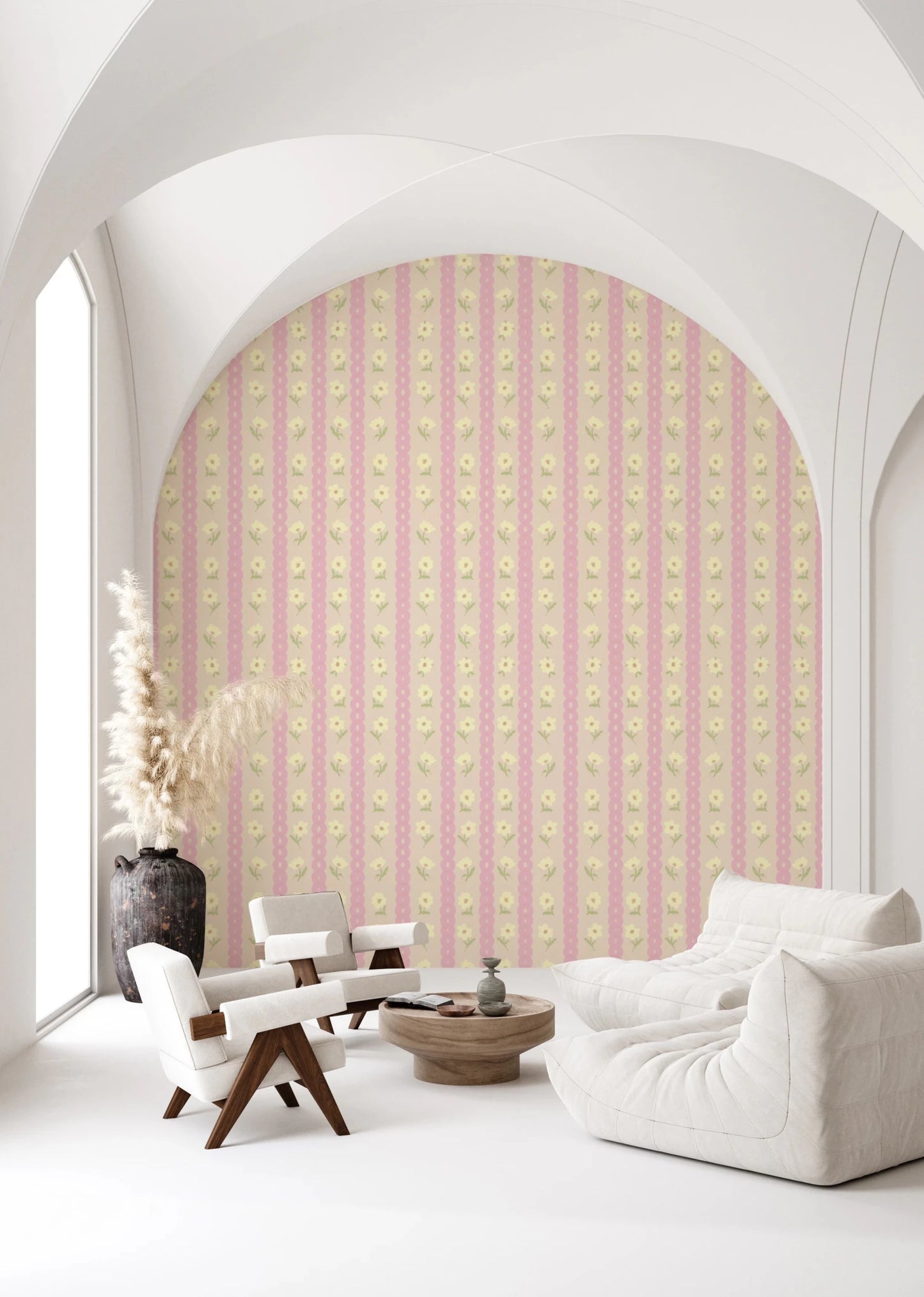 Soft Bloom Stripes wallpaper mural on an arched living room wall behind white sofa and armchairs, pink and cream