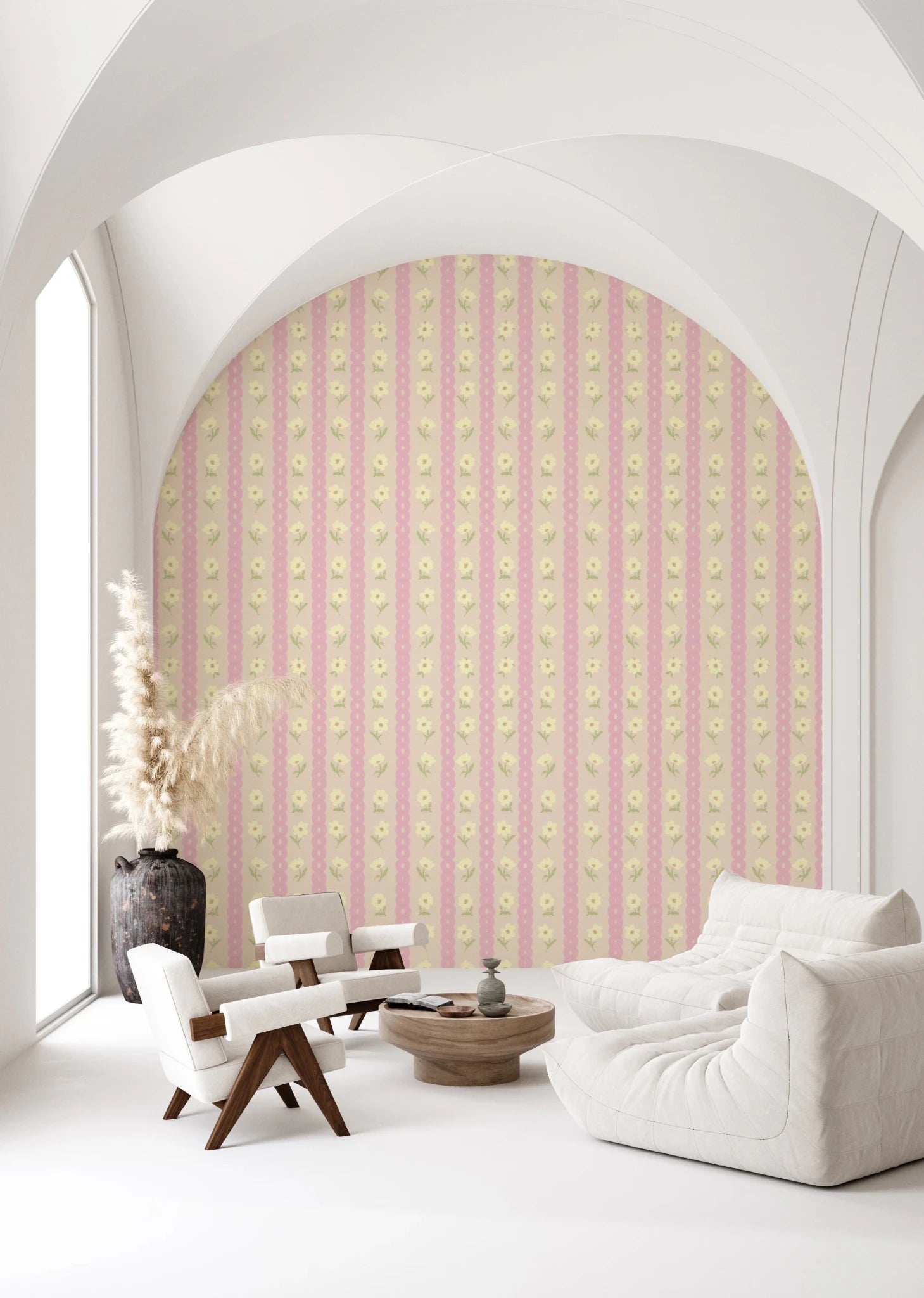 Soft Bloom Stripes wallpaper mural on an arched living room wall behind white sofa and armchairs, pink and cream