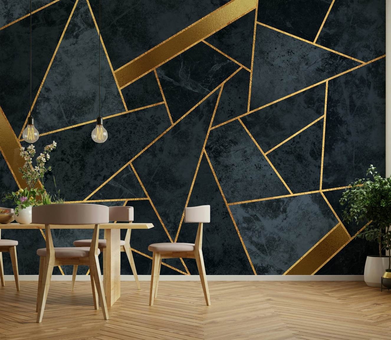 Soft Blue and Gold Mosaic Wall Mural with delicate tile pattern.

