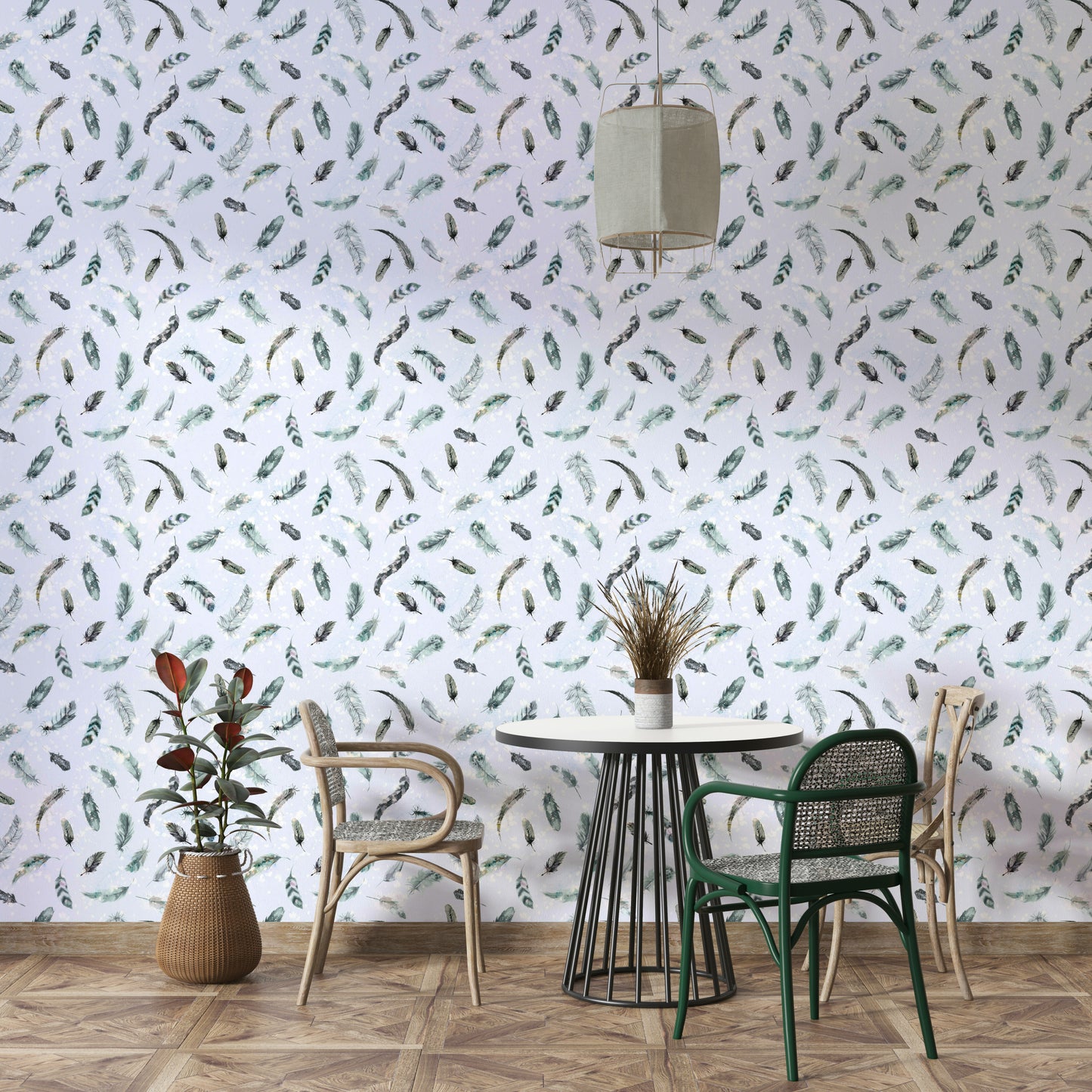 Blue feather wallpaper for serene living spaces

