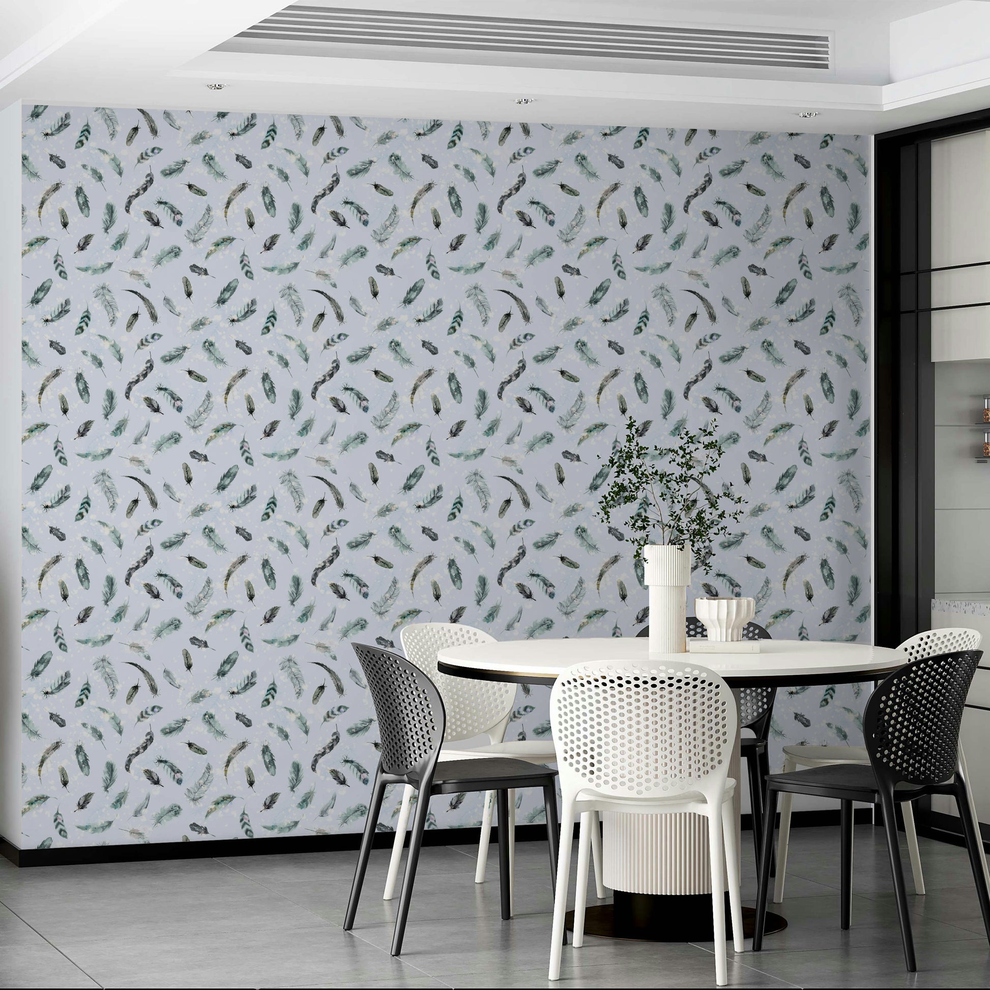 Gentle floating feathers wall mural in soft blue

