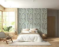 Charming Soft Blue Floral Pattern peel and stick wallpaper delicate vine print.