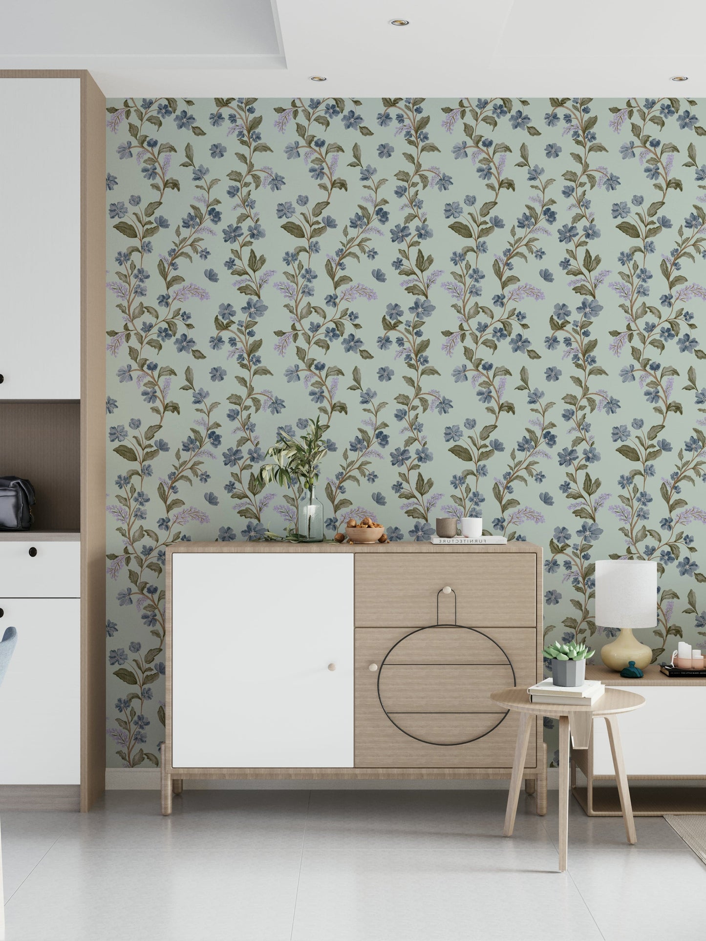 Artistic Soft Blue Floral Pattern paper accent wall lovely home styling.