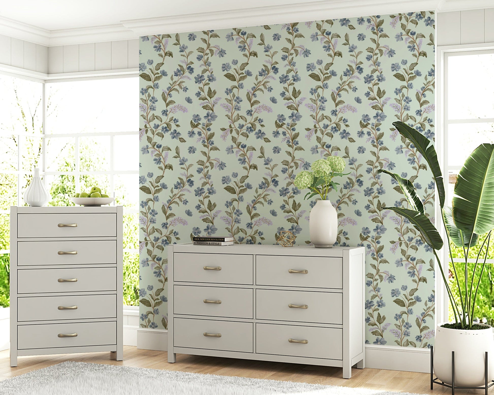 Watercolor Soft Blue Floral Pattern design light green background textile.