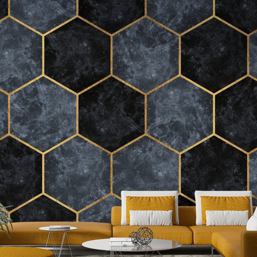 Soft blue hexagon wall mural with gold accents

