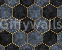 Blue and gold wall mural with minimal hex shapes

