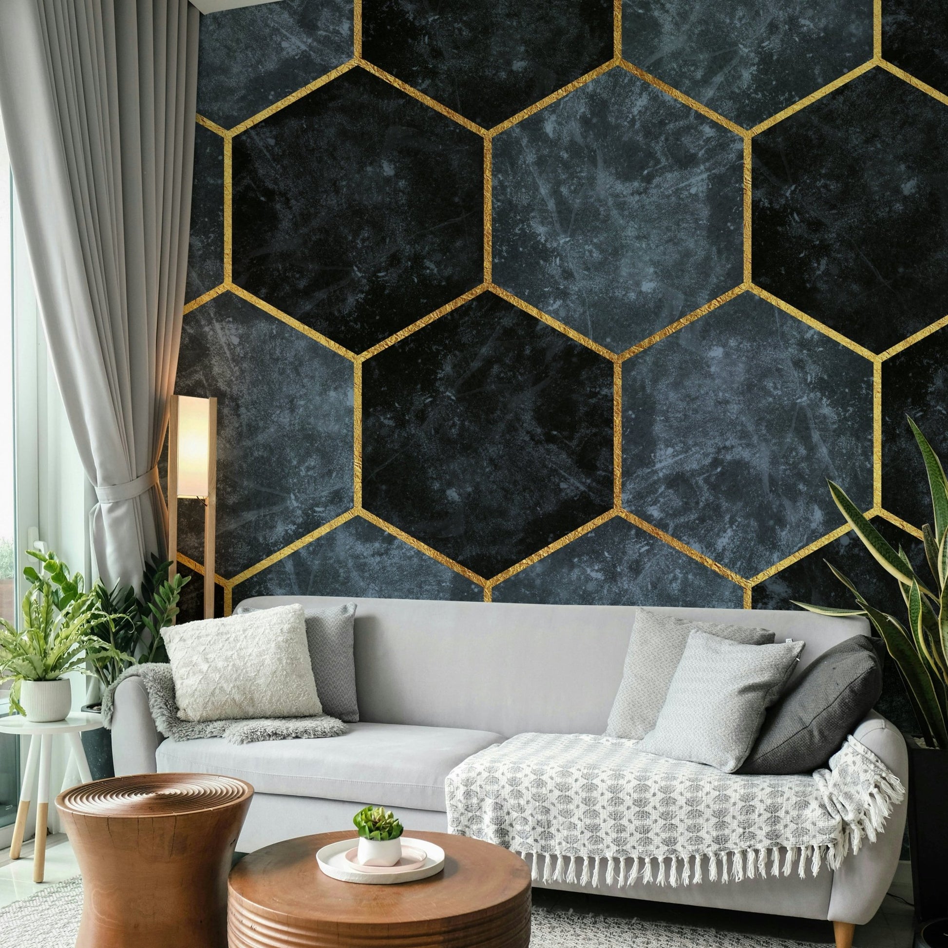 Geometric wall mural in baby blue and gold finish

