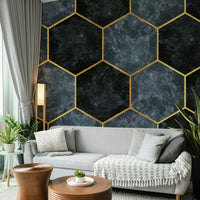 Geometric wall mural in baby blue and gold finish

