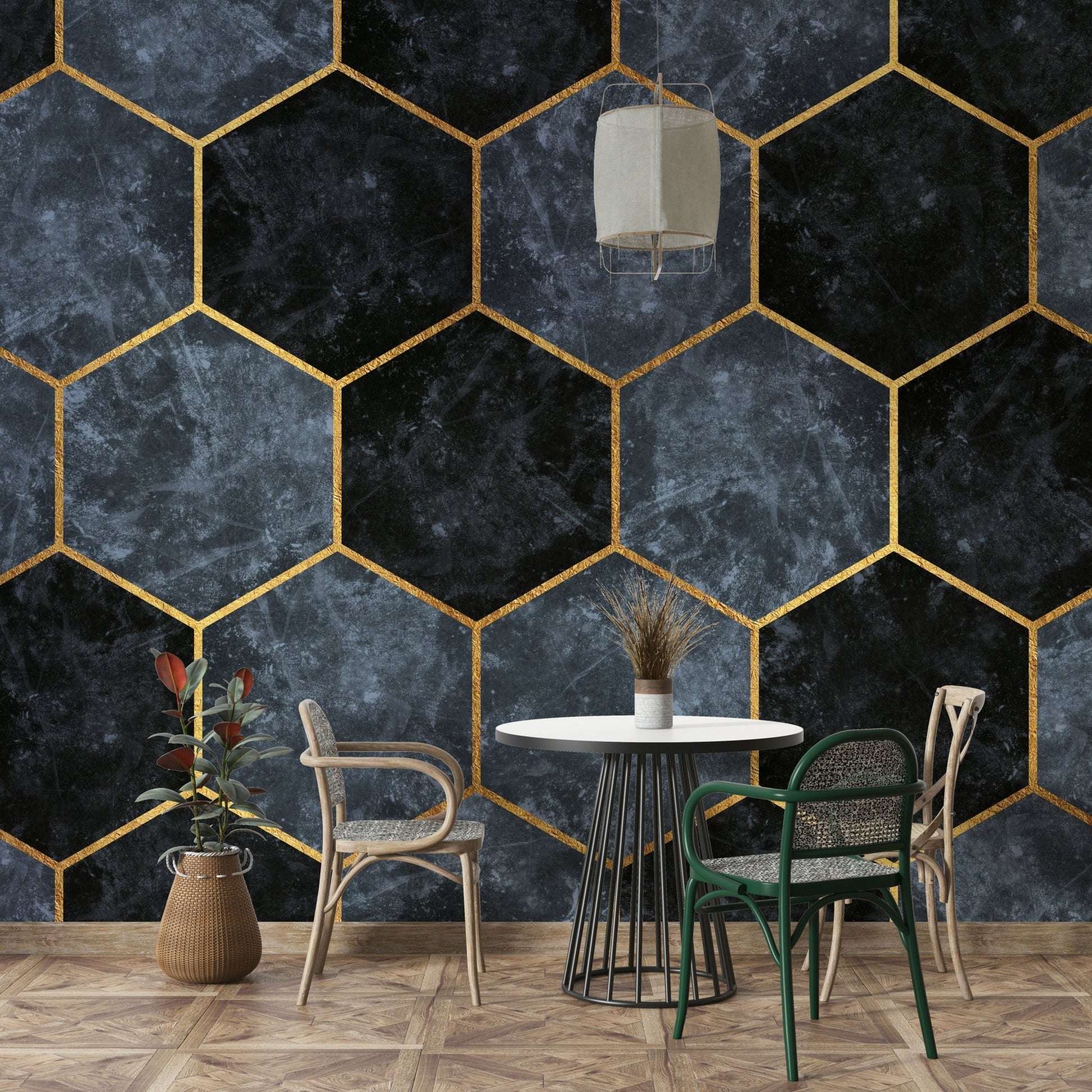 Elegant blue and gold honeycomb mural for interiors

