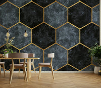 Gold-lined hexagonal mural on soft blue background

