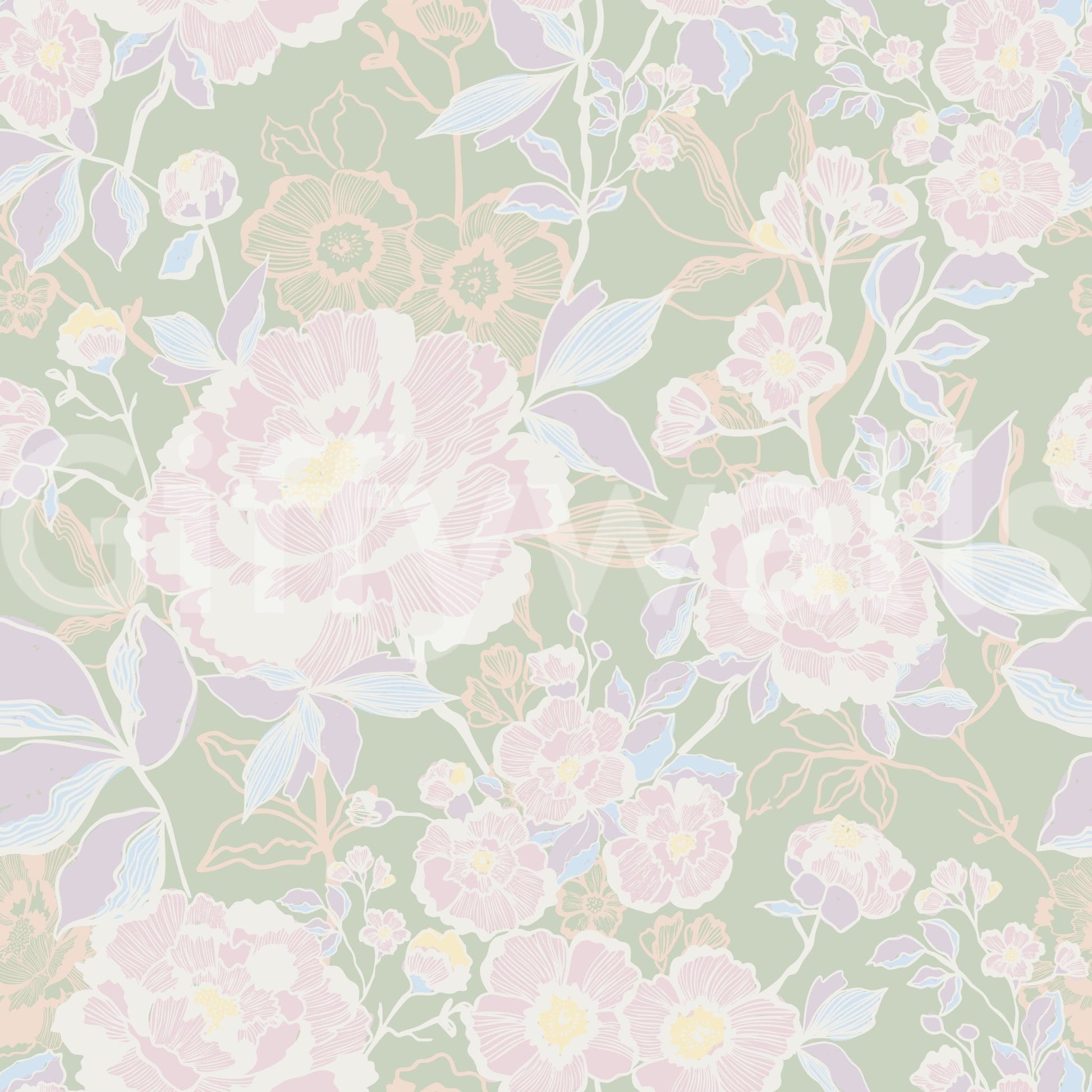 Soft Botanical whimsical flower wallpaper for walls bright interiors.