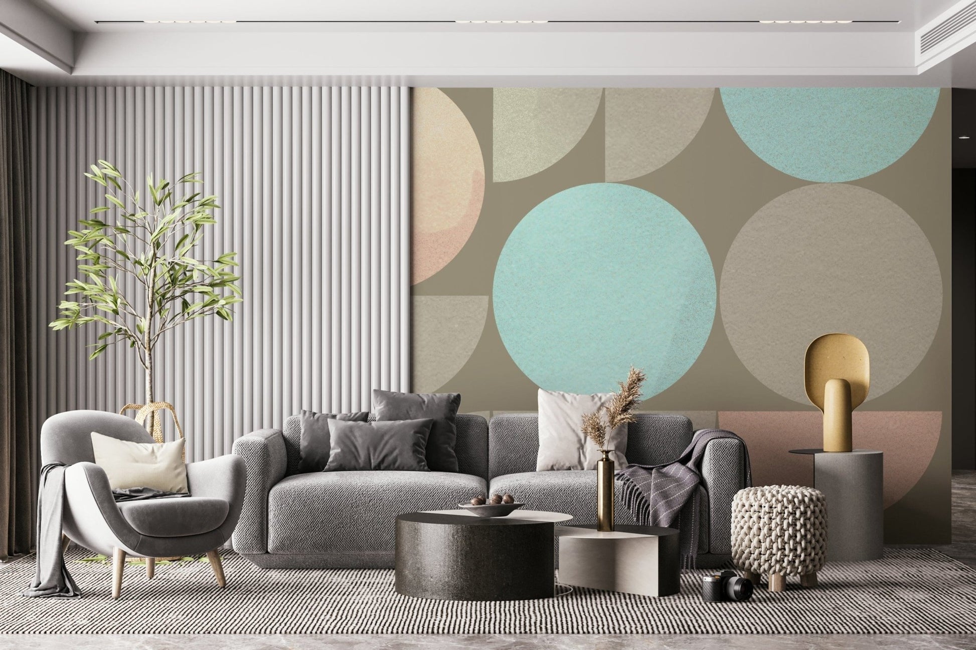 Neutral geometric wall mural with teal accents