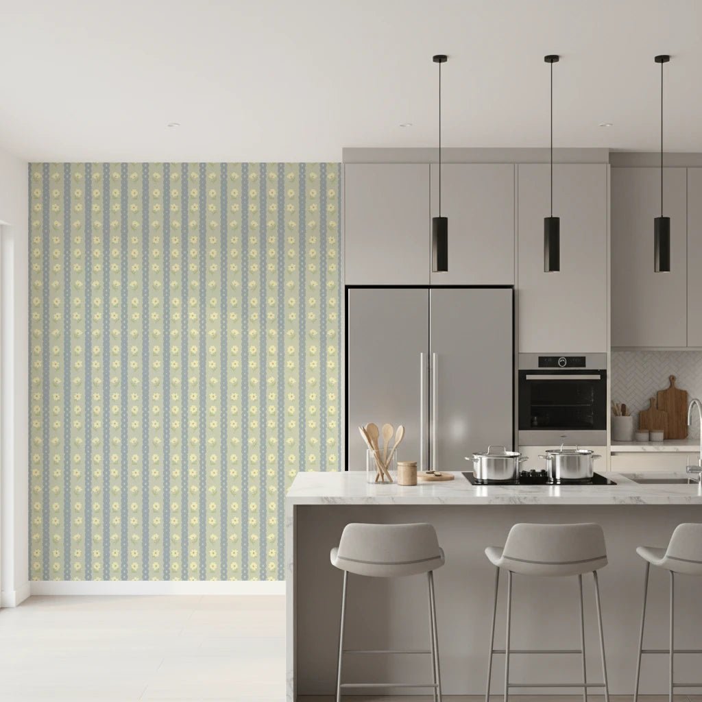 Soft Daisy Stripes wallpaper with sage and blue daisy stripes beside a marble kitchen island and grey bar stools