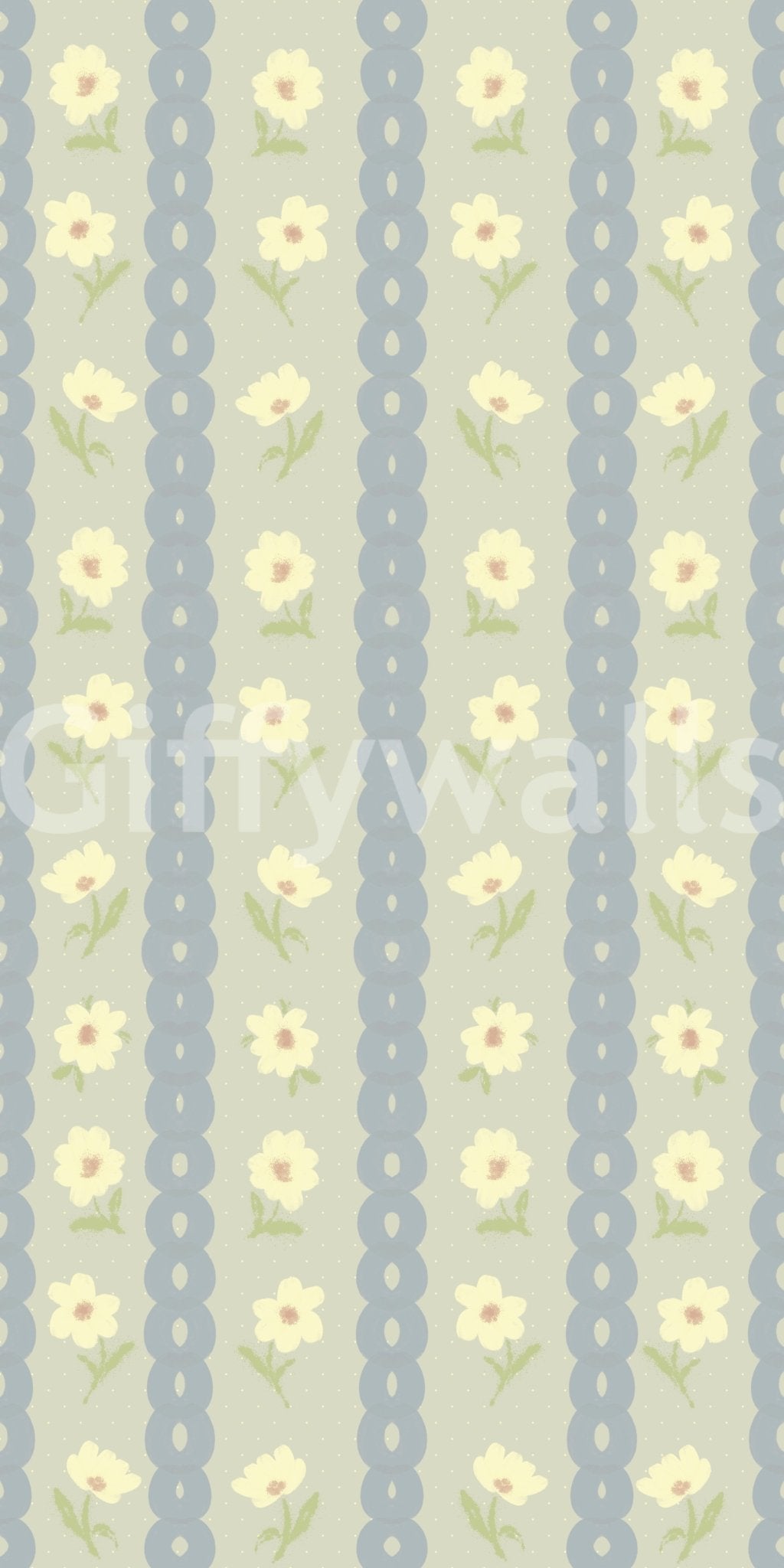 Soft Daisy Stripes wallpaper close-up showing pale yellow daisies and blue beaded stripes on a sage-green ground