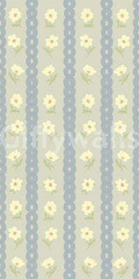Soft Daisy Stripes wallpaper close-up showing pale yellow daisies and blue beaded stripes on a sage-green ground