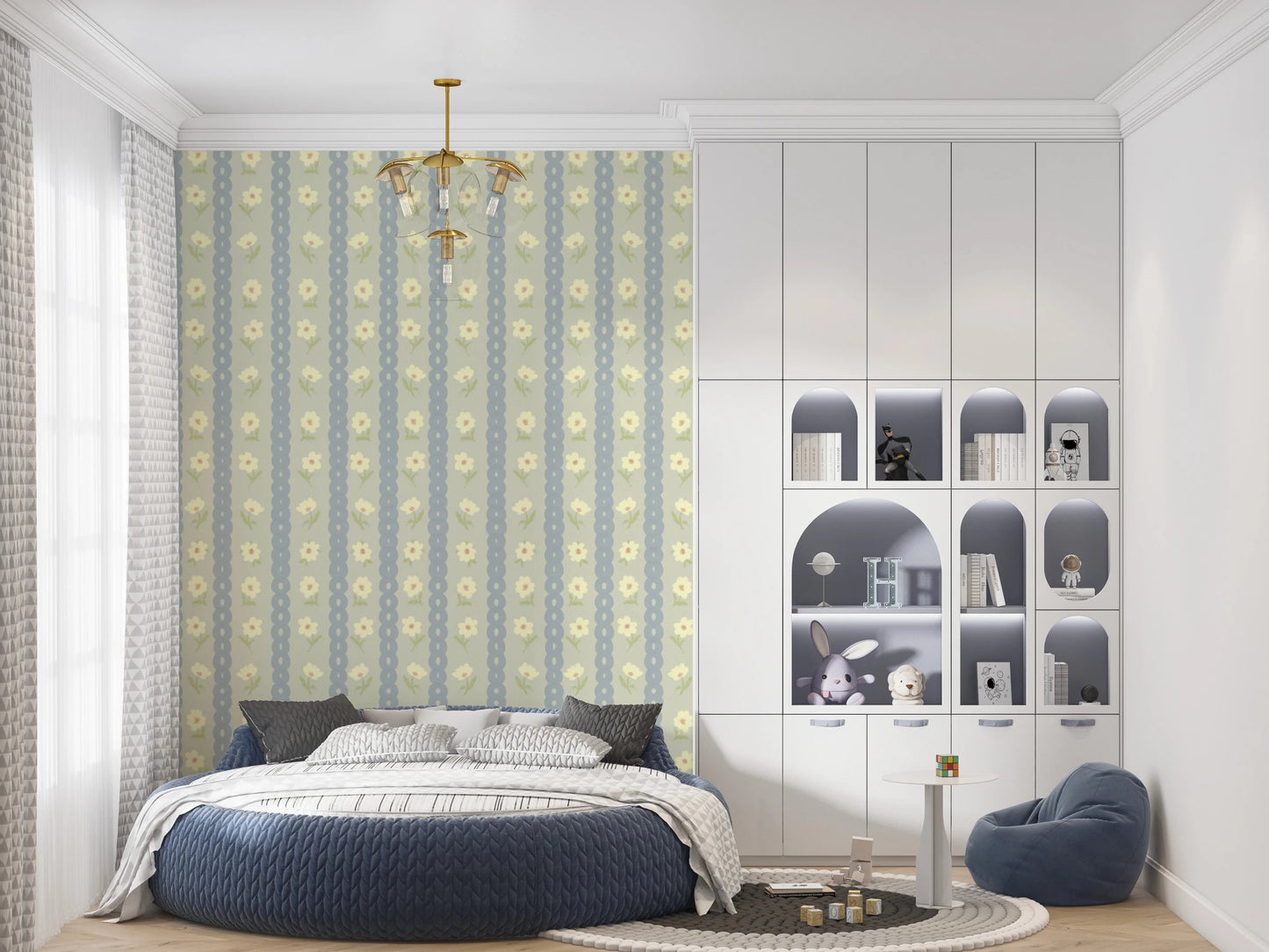 Soft Daisy Stripes wallpaper with sage and blue daisy stripes above a round navy bed in a child's room with arched shelving