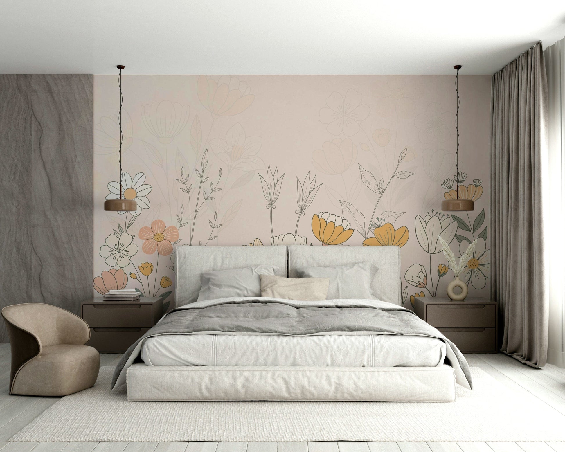 The design features delicate blooming flowers and slender leaves.

