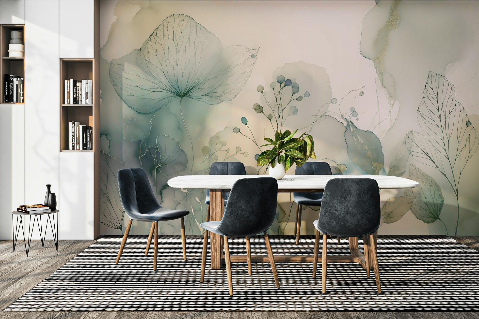 Minimalist botanical mural for a primary suite with natural lighting.