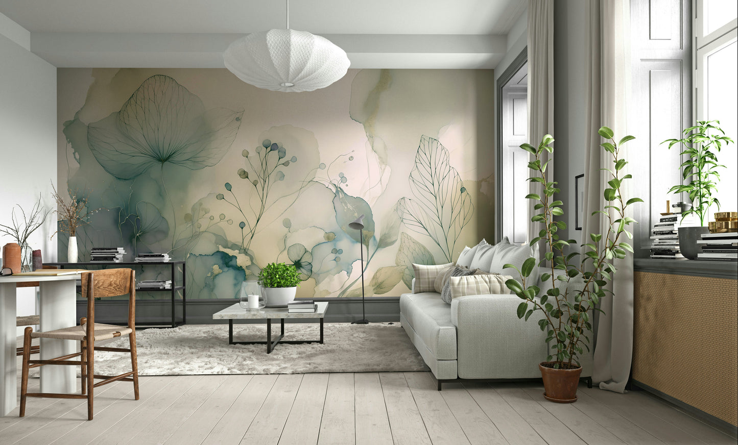 Large scale watercolor blossoms on a cream feature wall in a living room.
