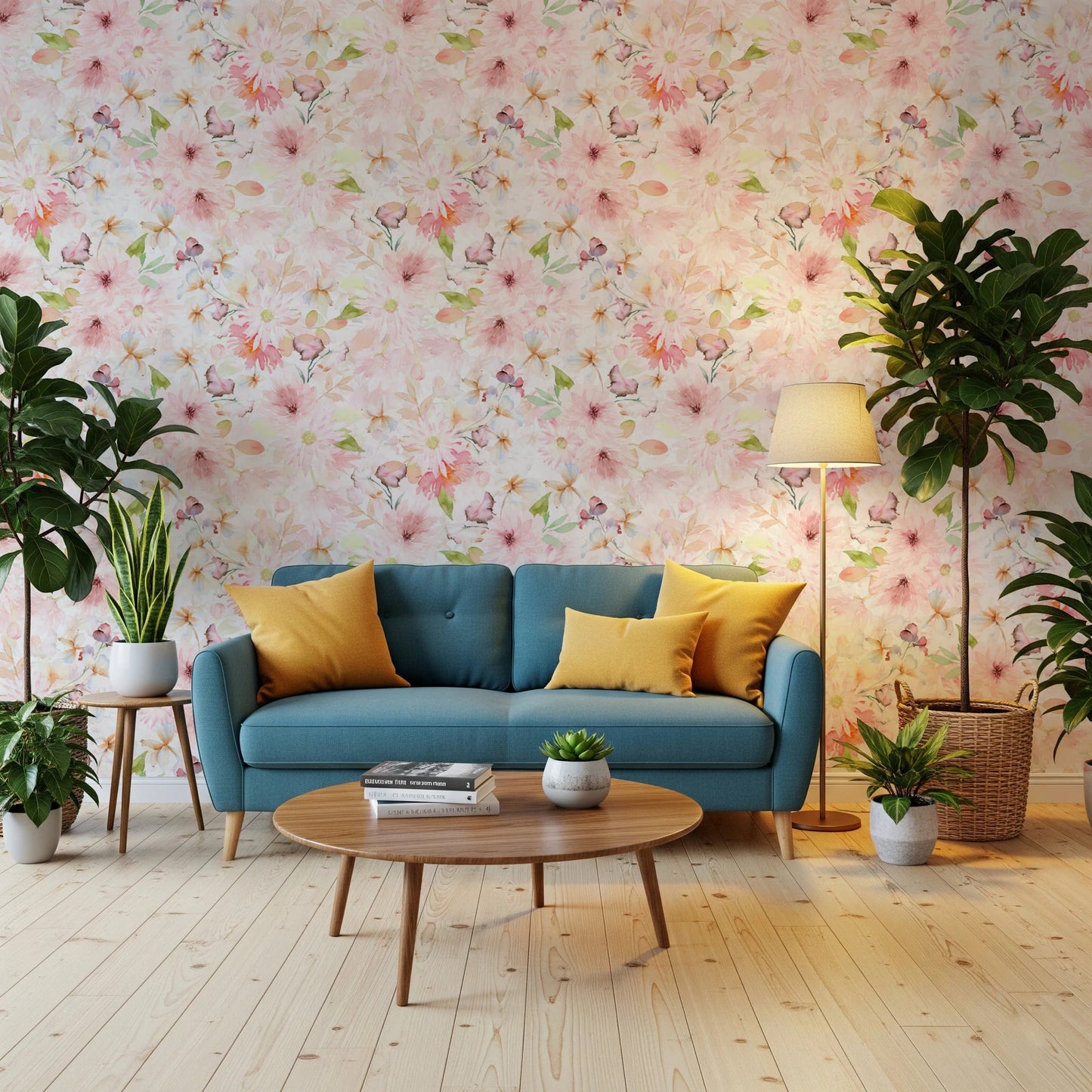Soft Floral Pink Meadow wallpaper mural of pink blooms behind a teal sofa with yellow pillows and plants in a living room