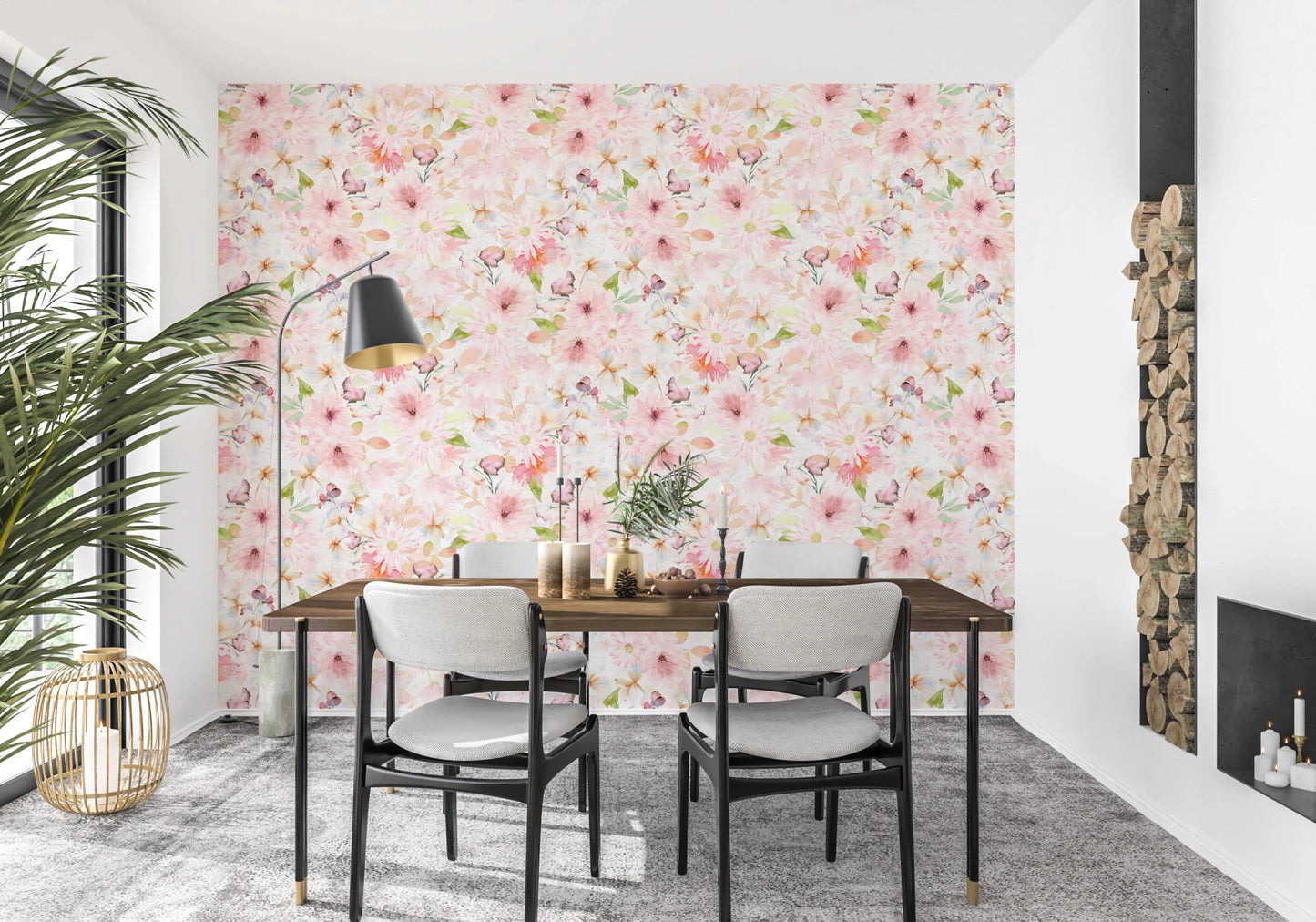 Soft Floral Pink Meadow wallpaper mural of blush flowers behind a wood dining table and stacked firewood in a dining room
