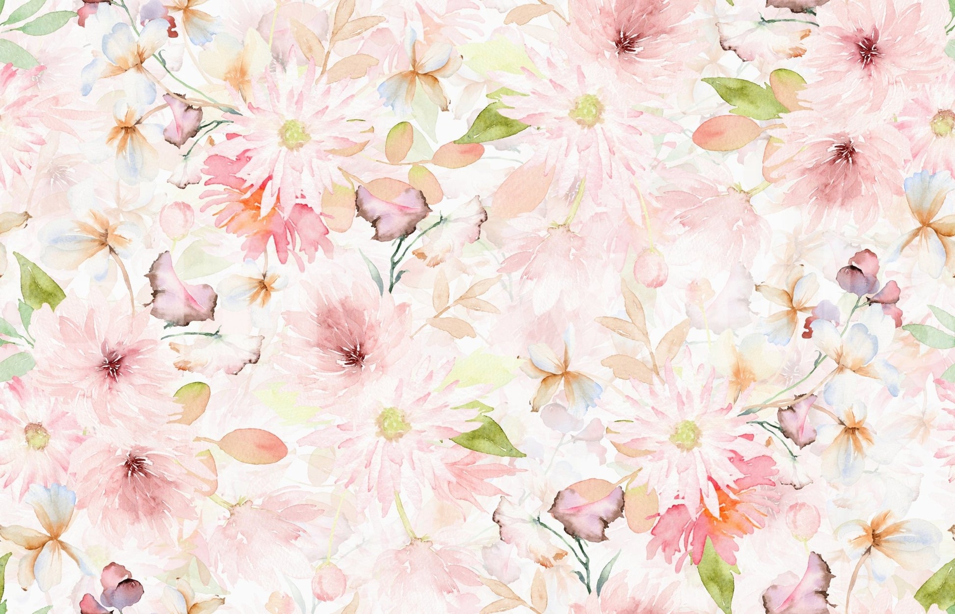 Soft Floral Pink Meadow wallpaper mural close-up showing watercolor pink dahlias, daisies and green leaves in fine detail