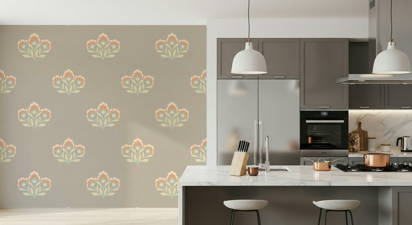 Elegant Serene Flora print mural, symmetrical flower cluster.