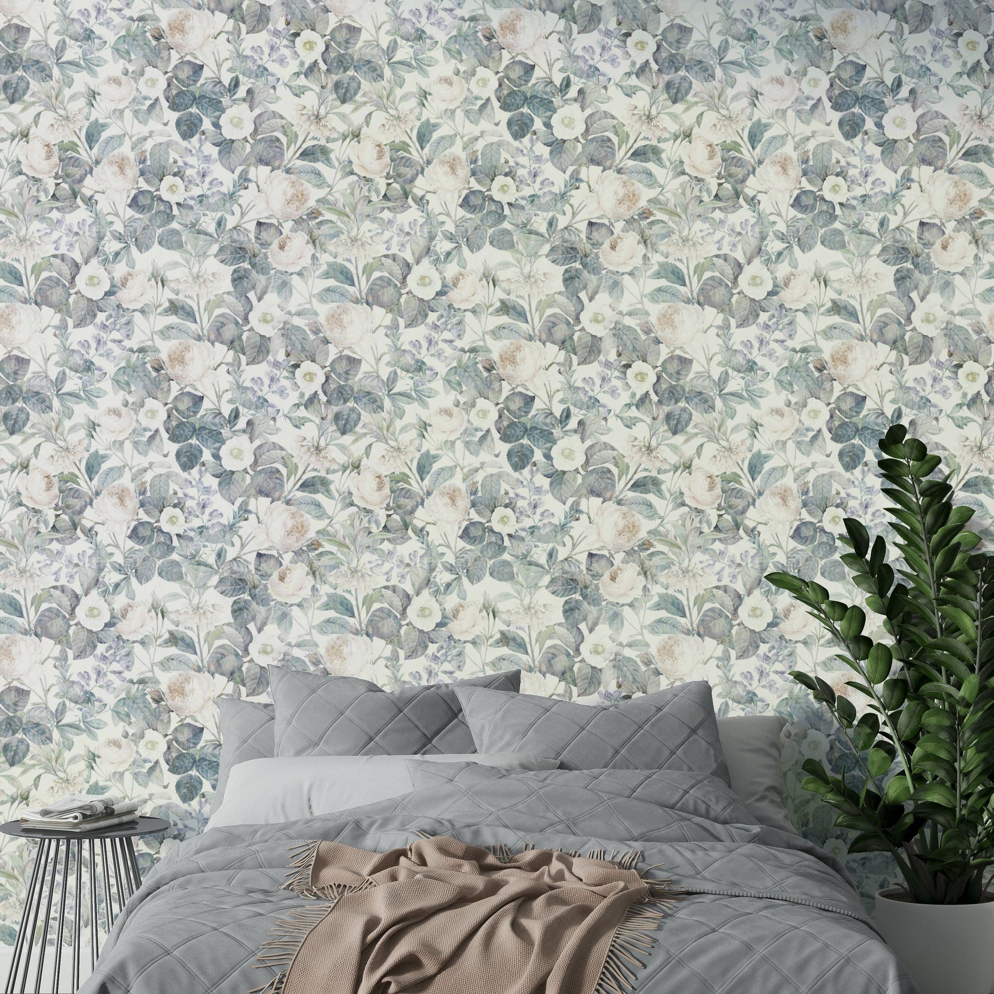 A bedroom decorated with a faded wallpaper mural

