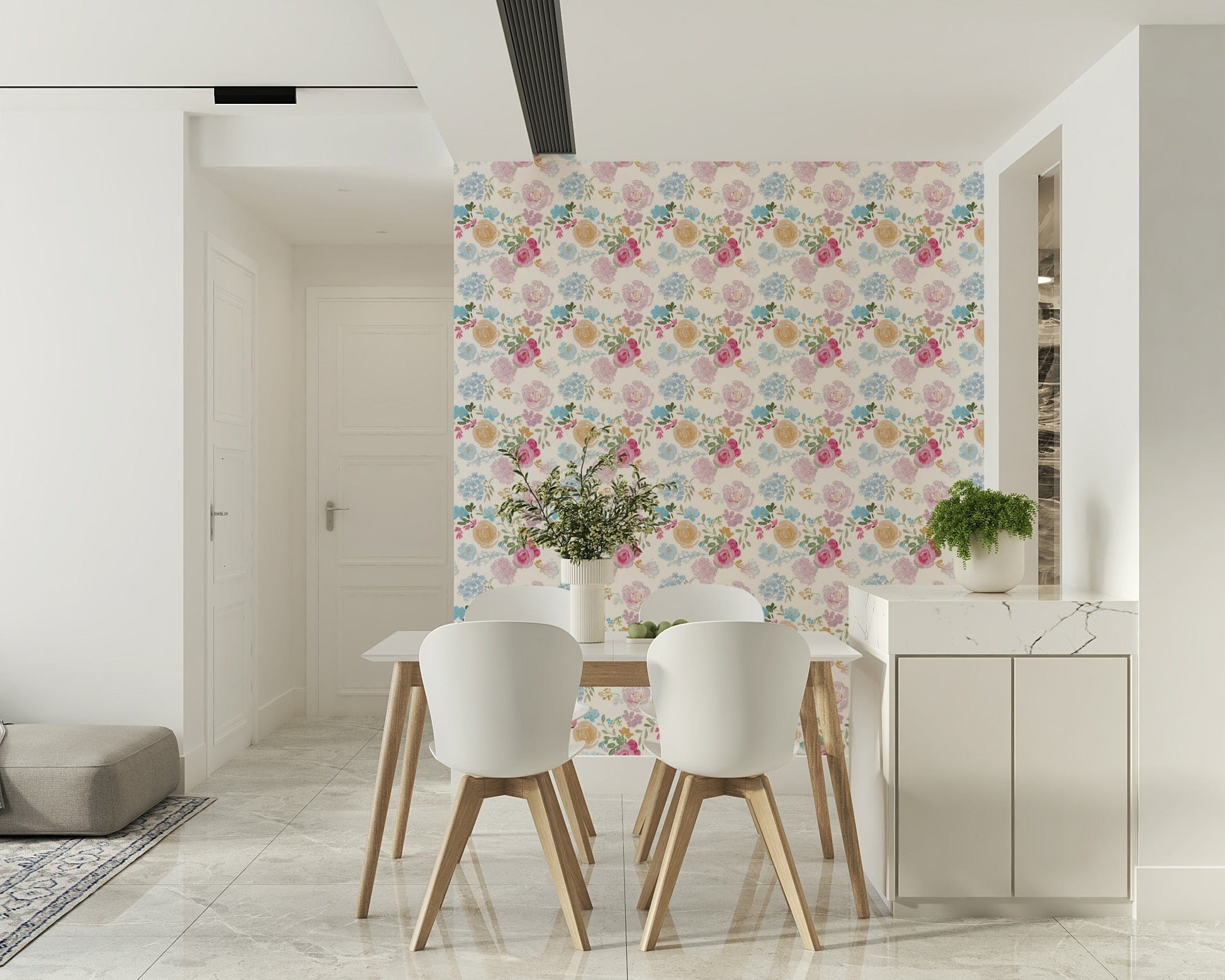 Soft impasto floral wallpaper adding an artistic and calming vibe to interiors.