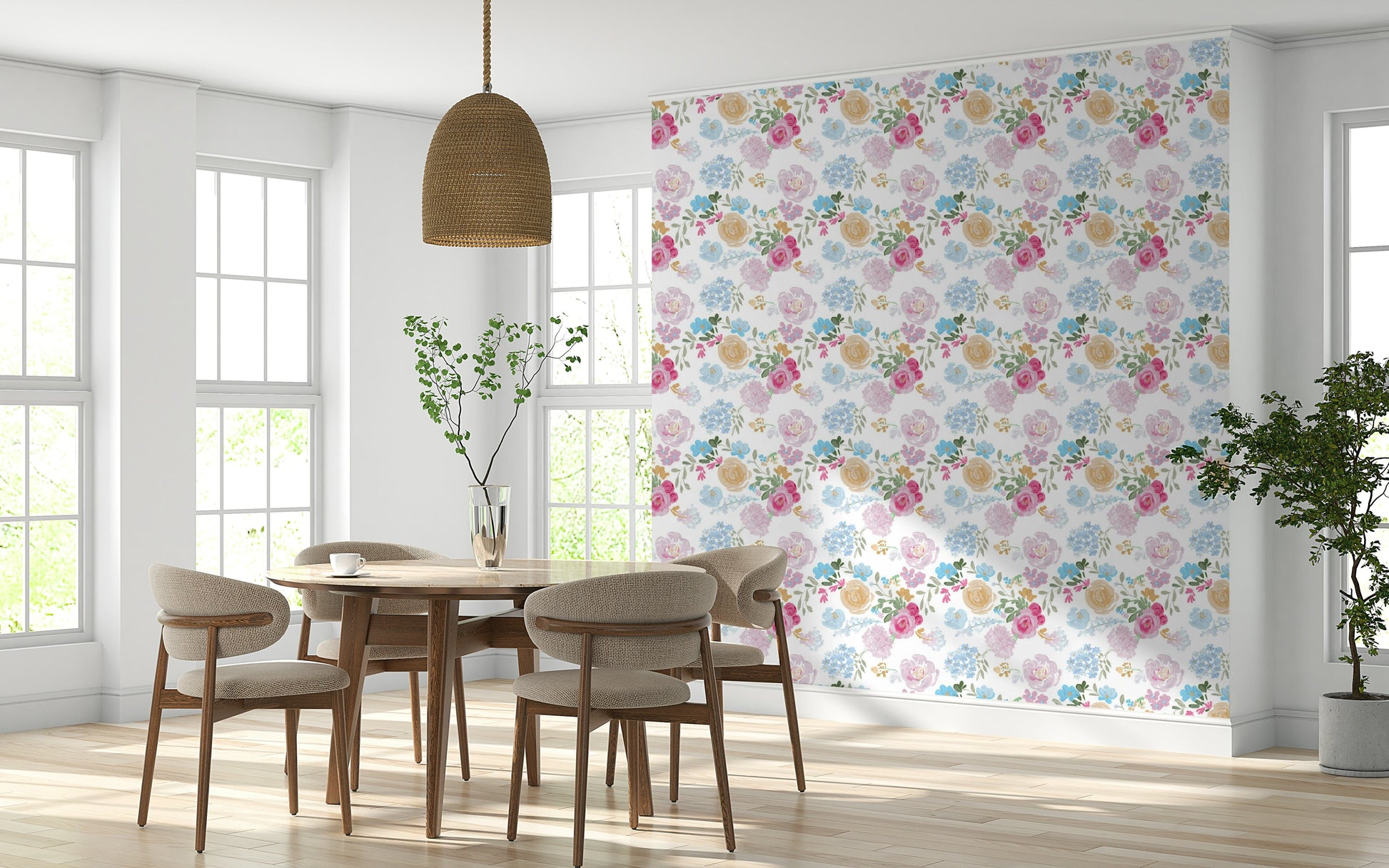 Soft oil-painted floral wallpaper with expressive impasto brushstrokes.
