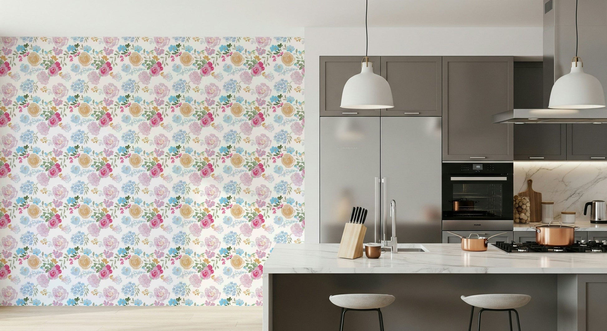 Soft floral wallpaper with hand-painted impasto petals for an artistic wall look.