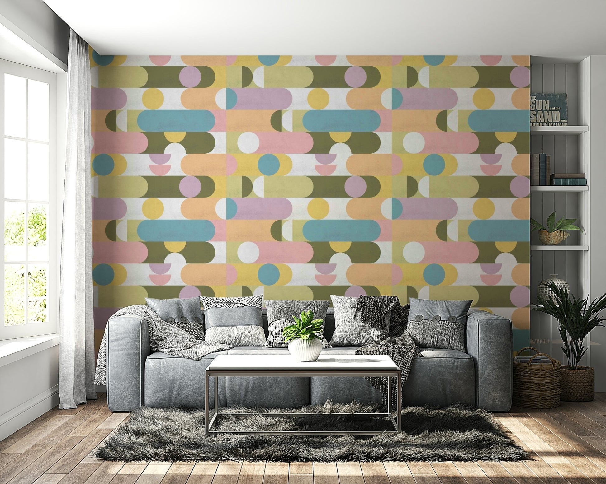 Playful pastel puzzle pattern on modern wall

