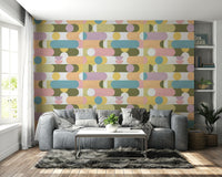 Playful pastel puzzle pattern on modern wall

