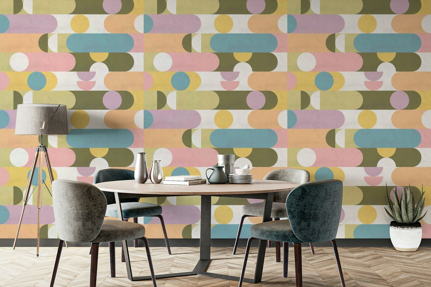 Artistic pastel wall design with geometric balance

