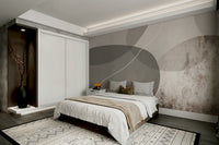 The mural shows a peaceful, minimalist landscape.

