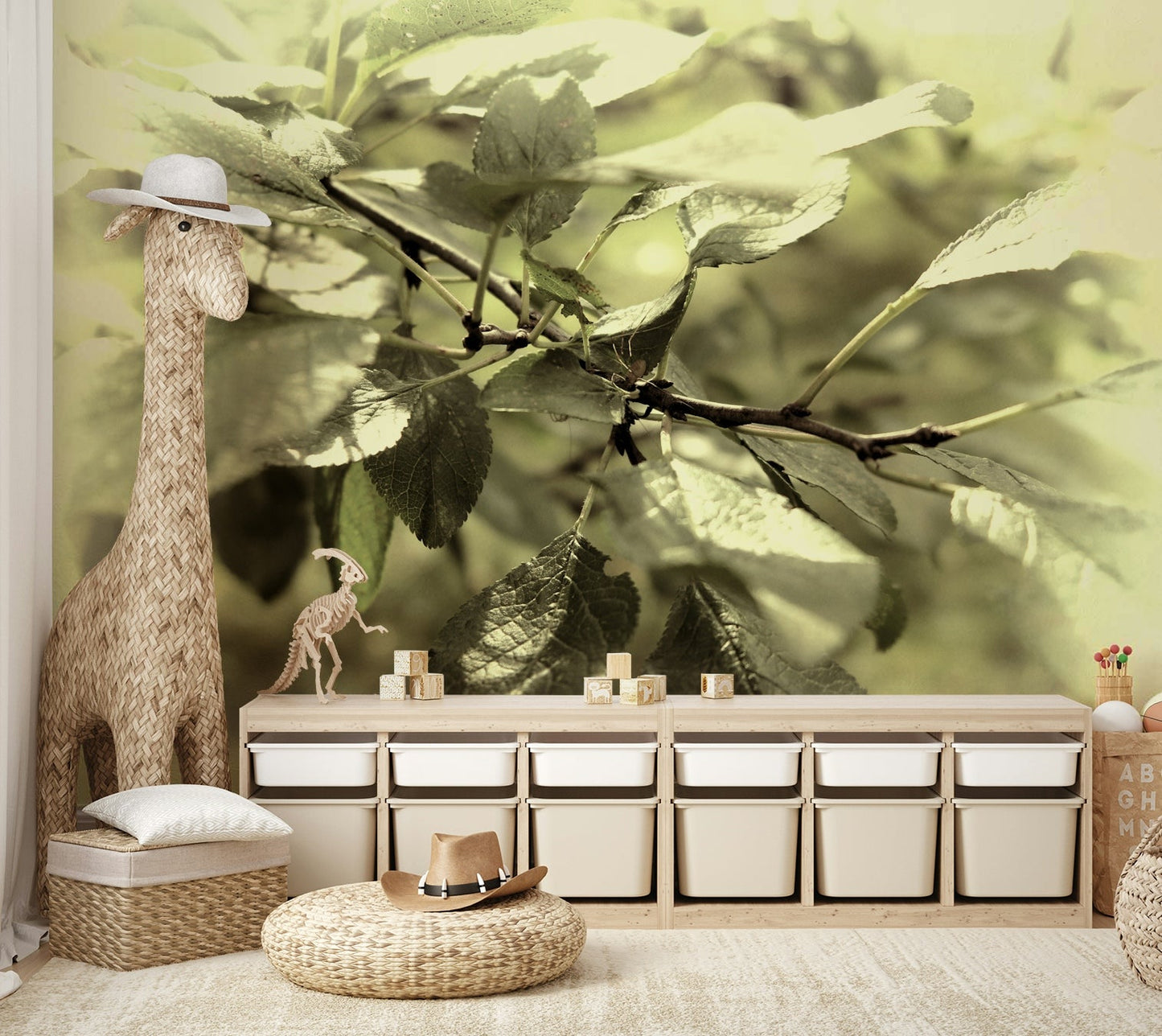 Soft green plant wall mural
