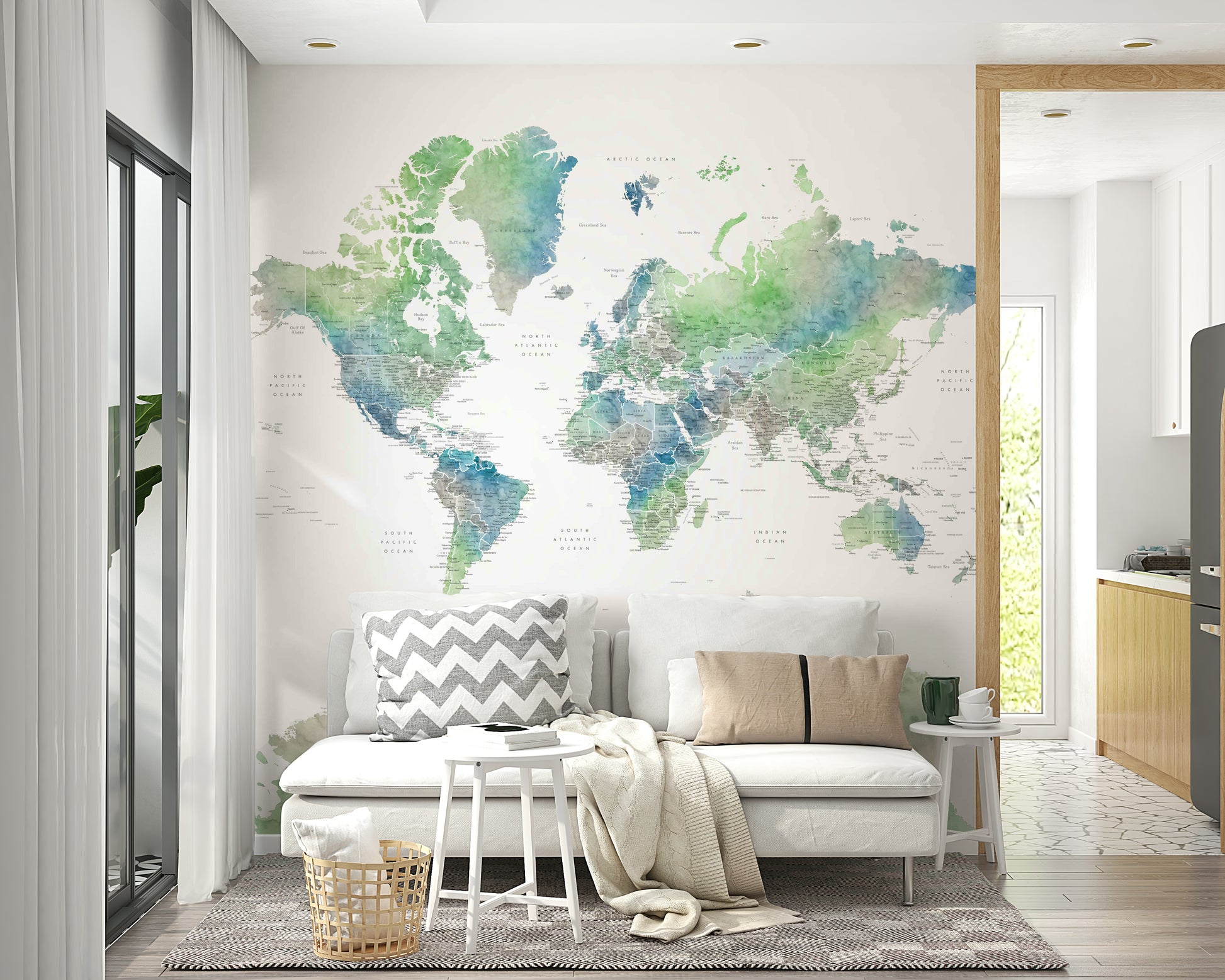 Earthy watercolor map mural in pale green

