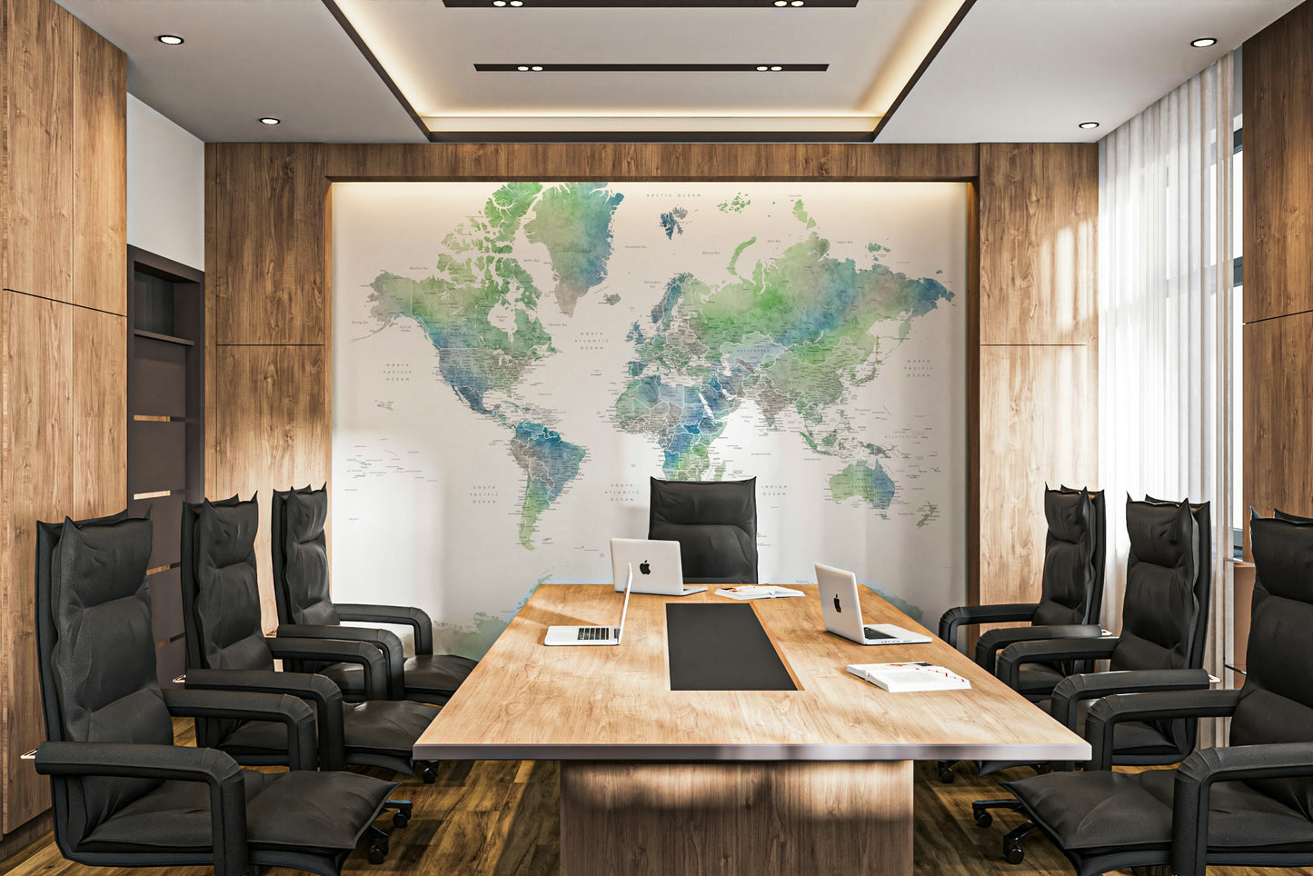Calm green world map wallpaper for modern interiors


