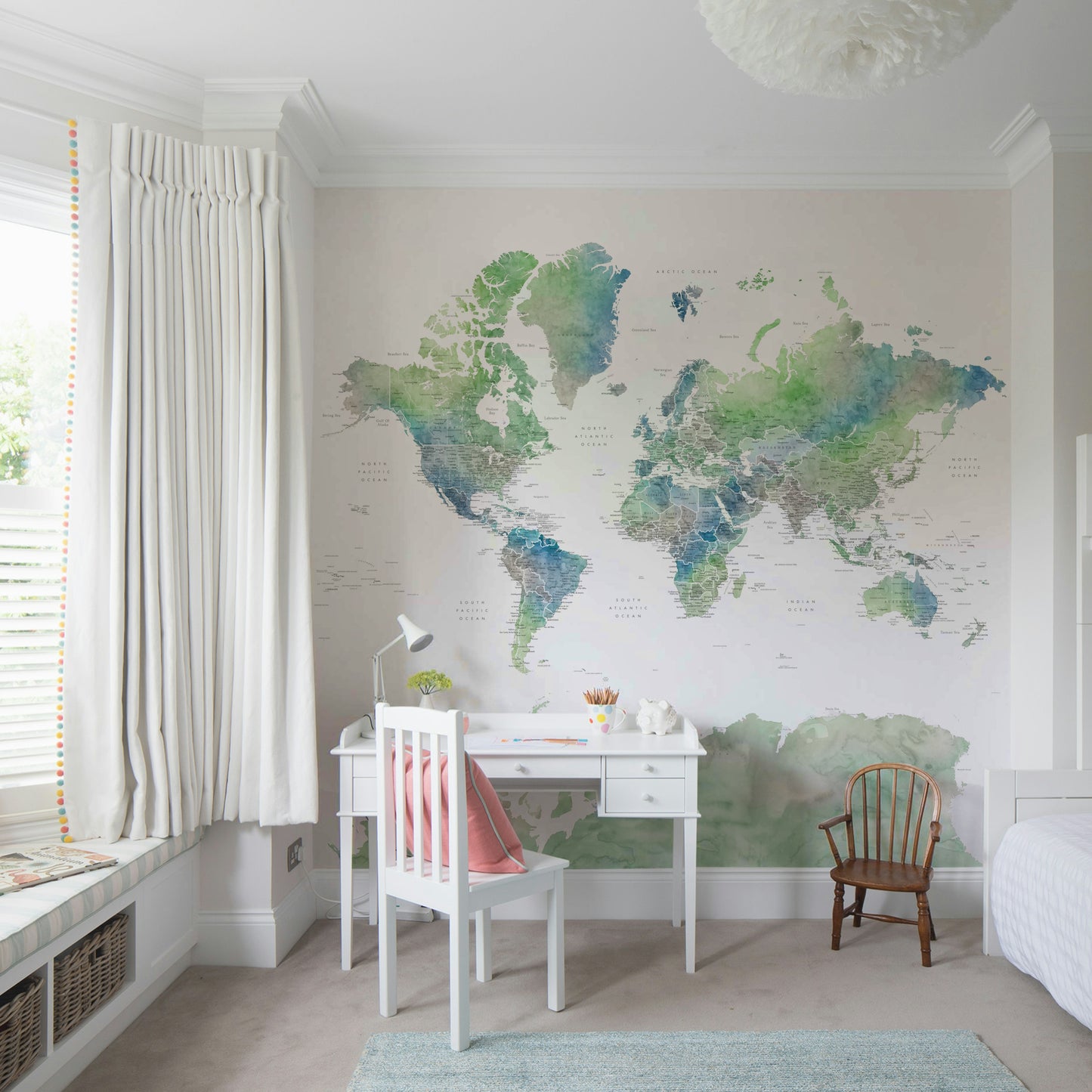 Artistic world map design in soft green watercolor

