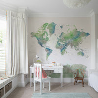 Artistic world map design in soft green watercolor

