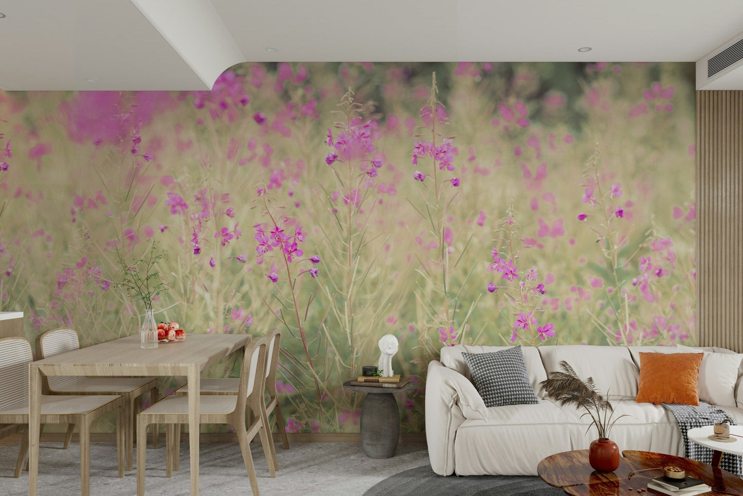 Gentle meadow scene with soft flowers for relaxing decor

