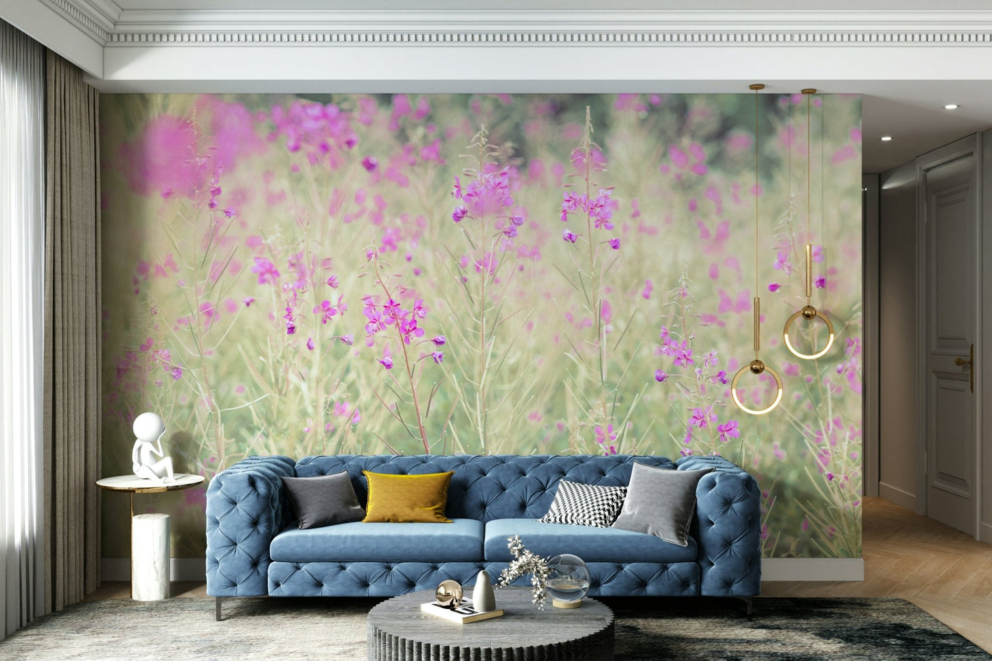 Pastel-colored floral wallpaper mural for serene interiors

