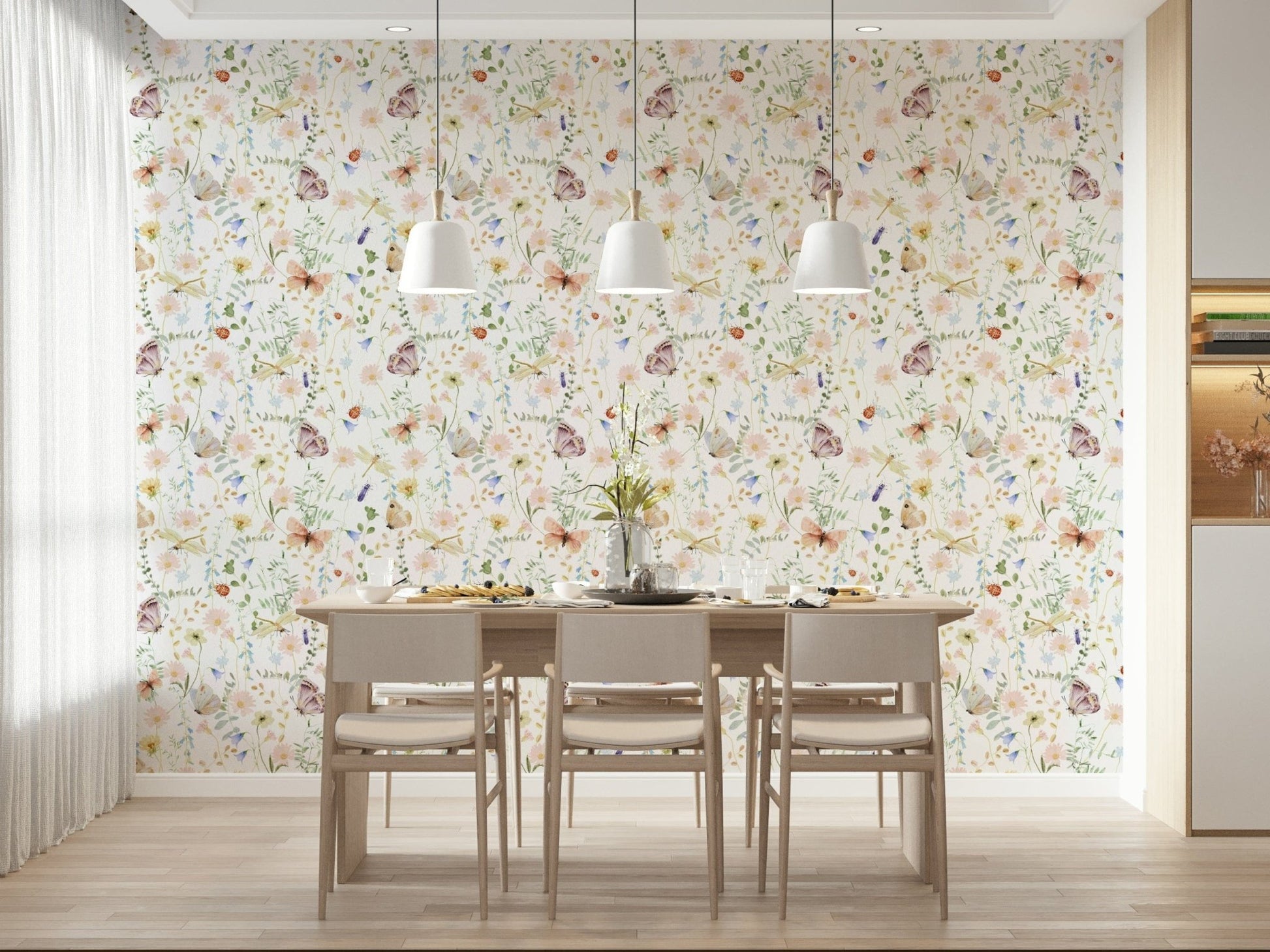 Soft Meadow Whispers wallpaper for walls light insect pattern.